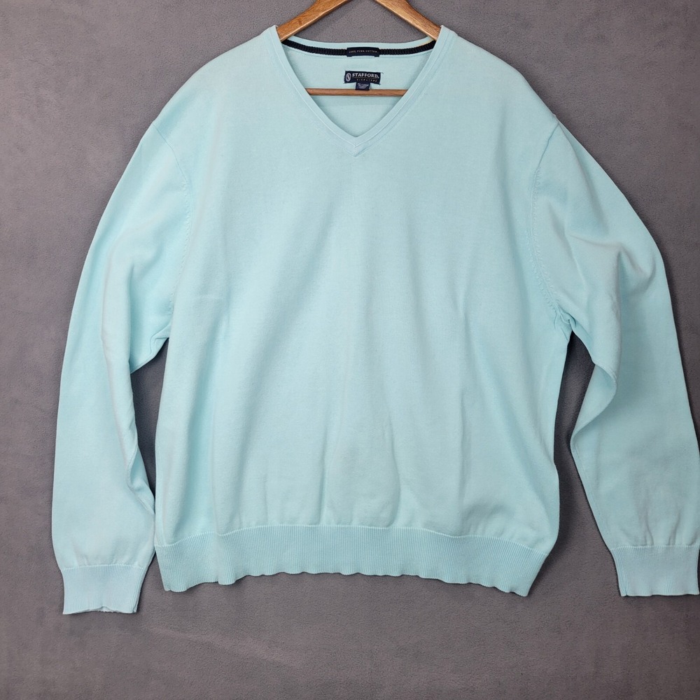 Stafford Signature Sweater Men's 2XL Blue Pima Cotton Ribbed V-Neck Pullover‎